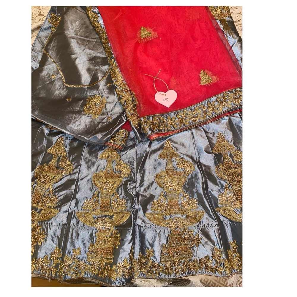 Lehenga - unstitched - bright gray/silver & pink